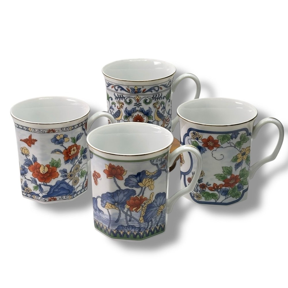 Japanese Vintage Set of 4 Octagon Shaped Gold Trim Coffee Tea Cups Floral 3.5" - Picture 3 of 8